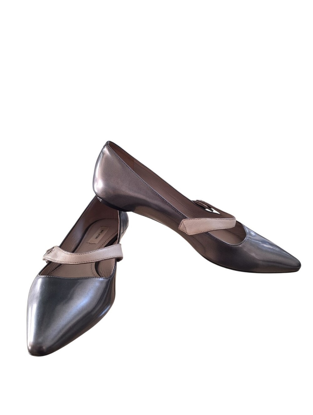 Marc Jacobs Italy Metallic Pewter Gray Pointed Ballet Flats with Beige Strap 6.5